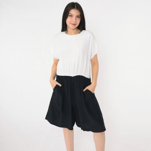 80s Black & White Two-Tone Romper Playsuit Short Sleeve Elastic Waist Large Petite