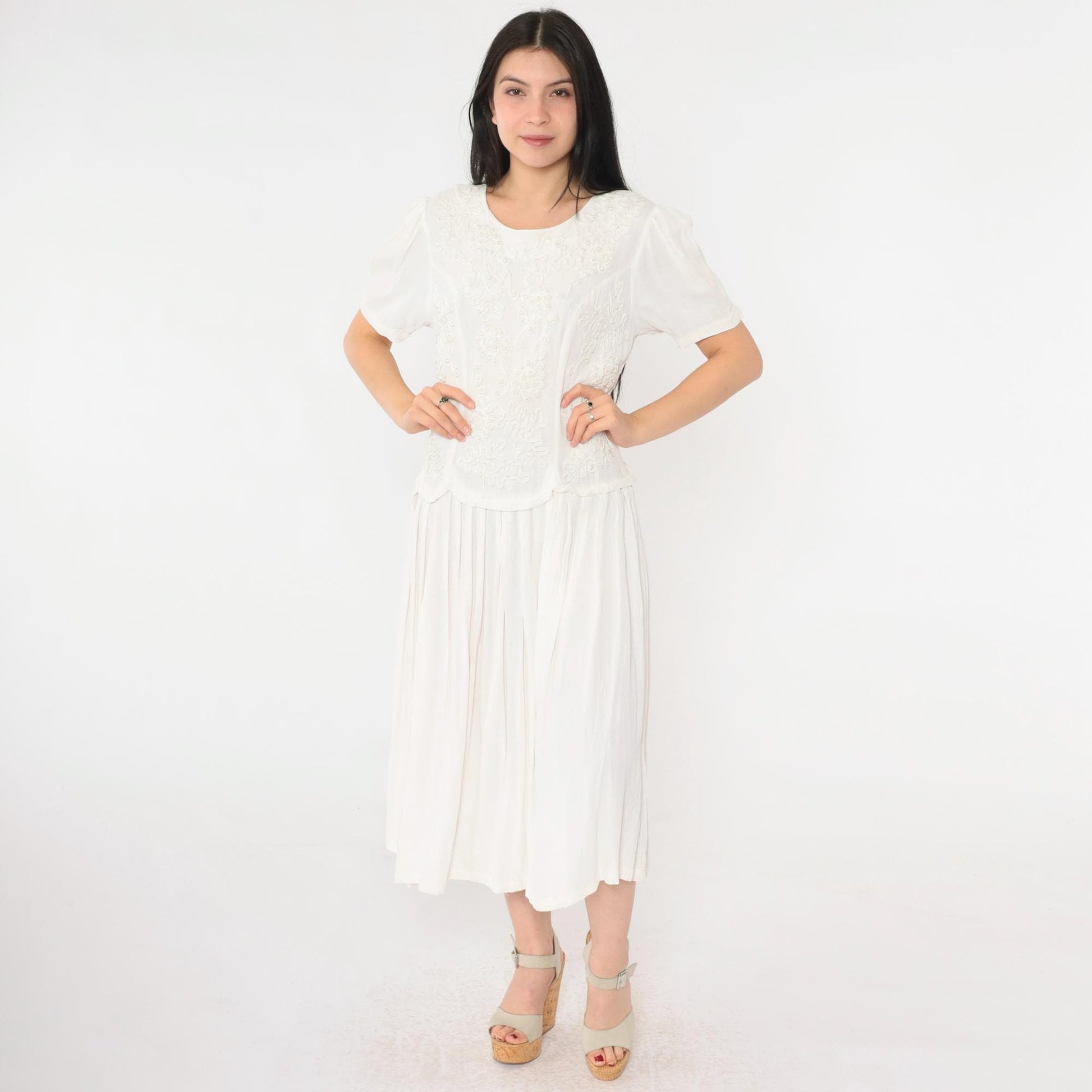 90s Sarin White Beaded Soutache Midi Dress Puff Sleeve Low Waist Small