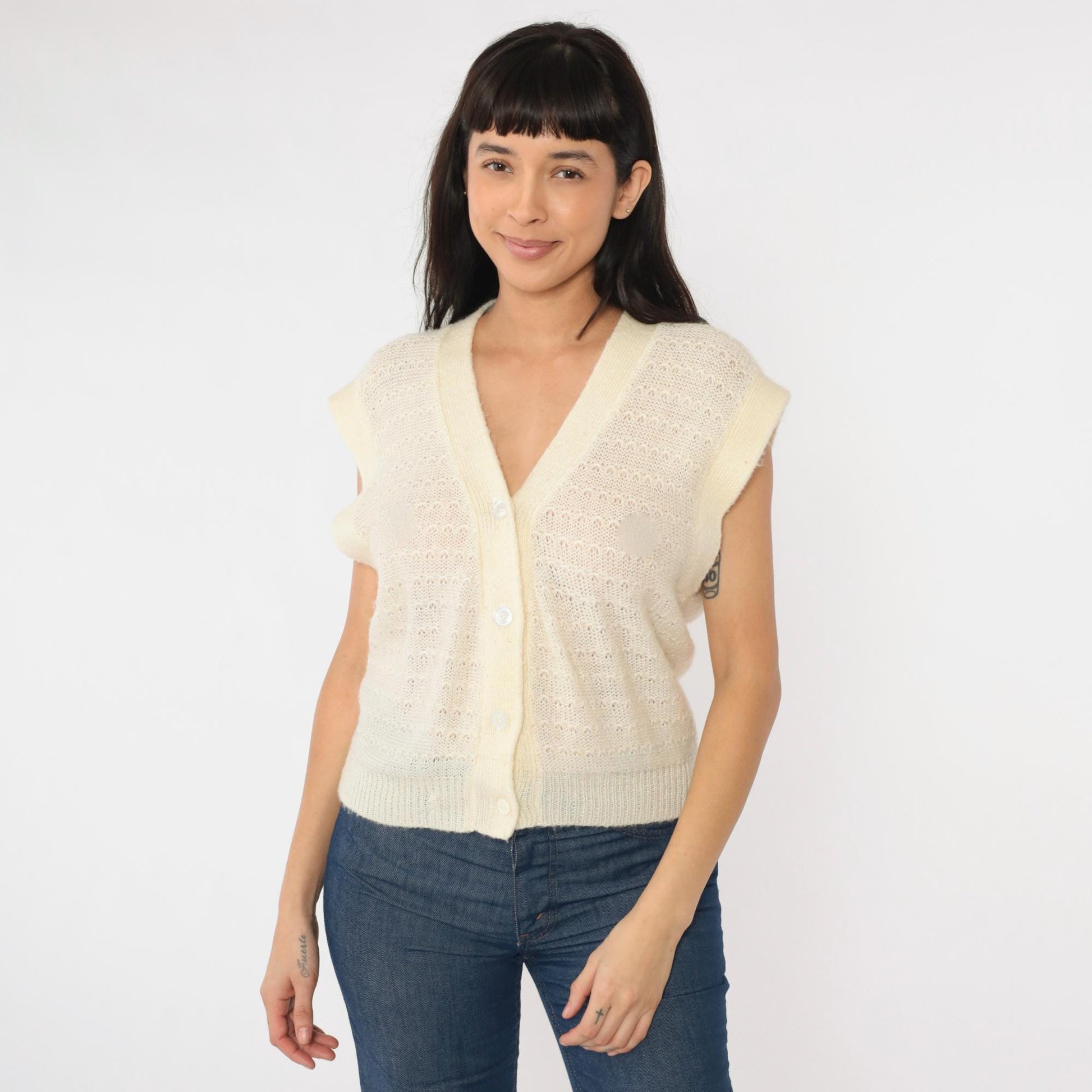 80s Cream Sheer Knit Vest Button-Up Sweater Cap Sleeve Small