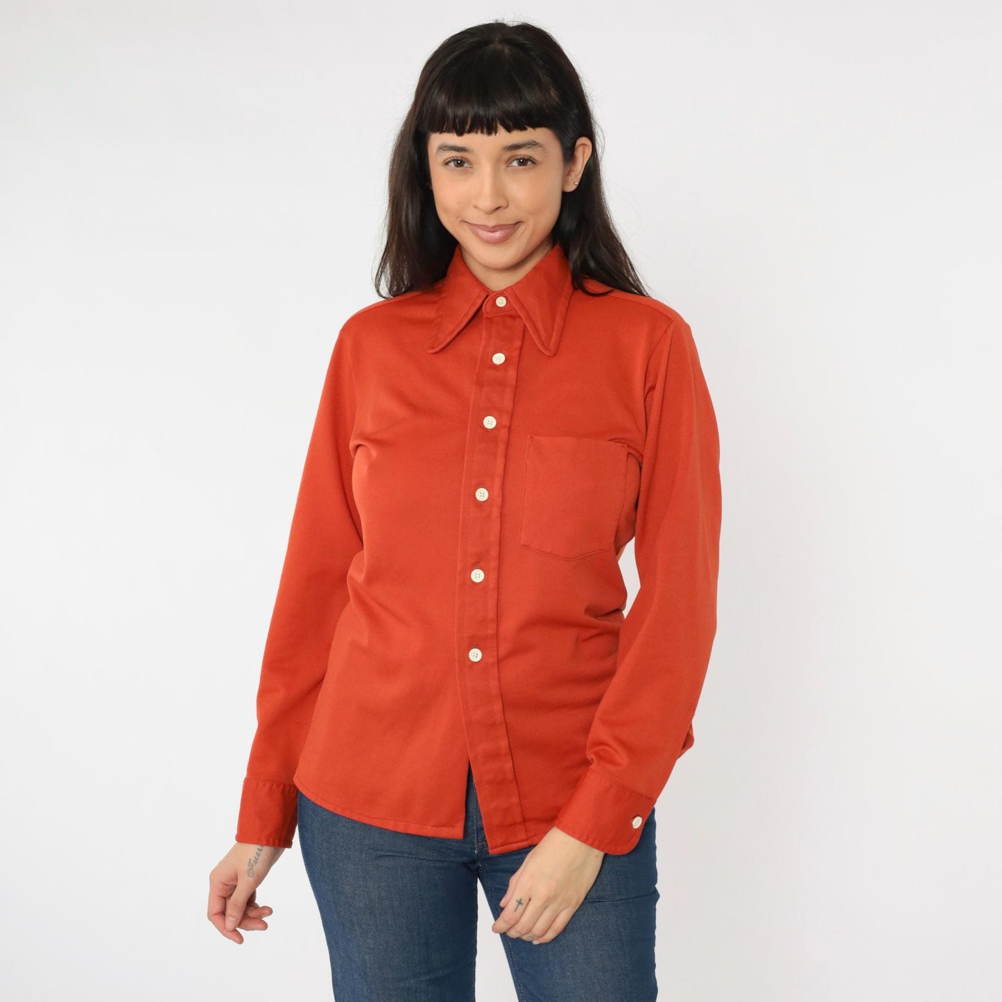 70s Rust Orange Dagger Collar Button-Up Shirt Men's Small