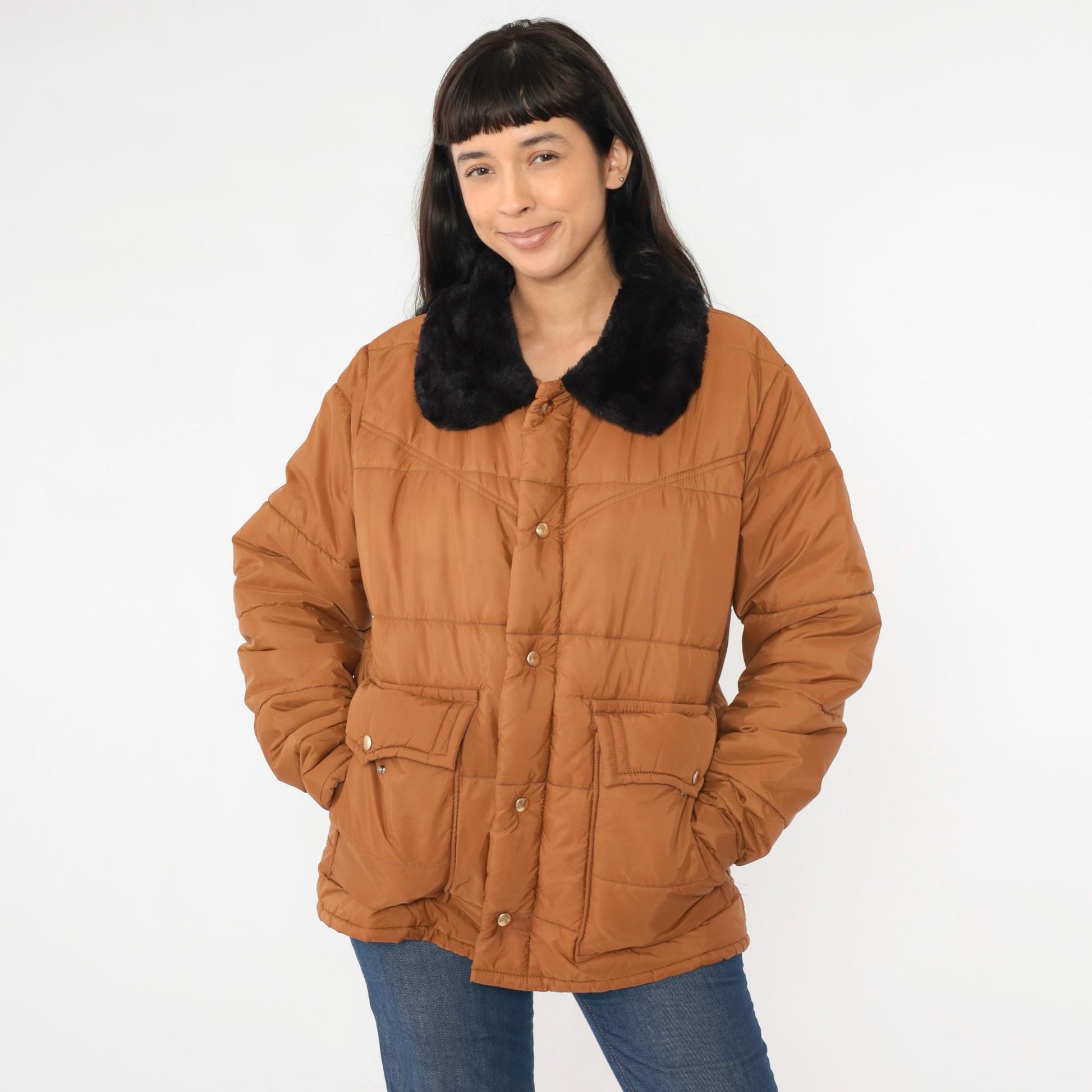 1970s Walls Blizzard Pruf Puffer Ski Jacket Brown Faux Fur Collar Large L