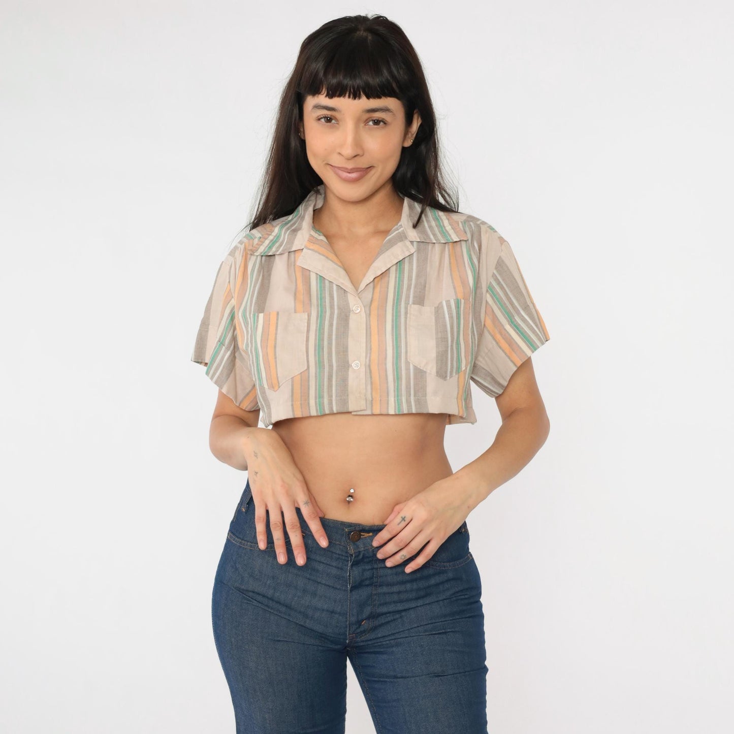 70s Striped Crop Blouse Tan Orange Green Button-Up Shirt Small Medium