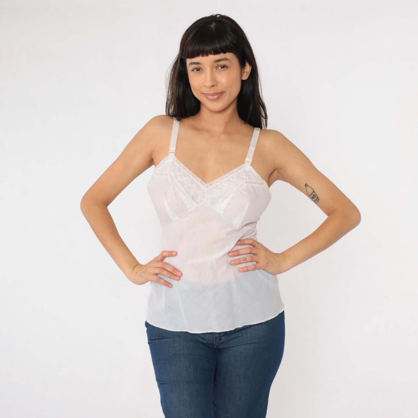 70s White Eyelet Embroidered Lace Camisole Spaghetti Strap Tank Small S