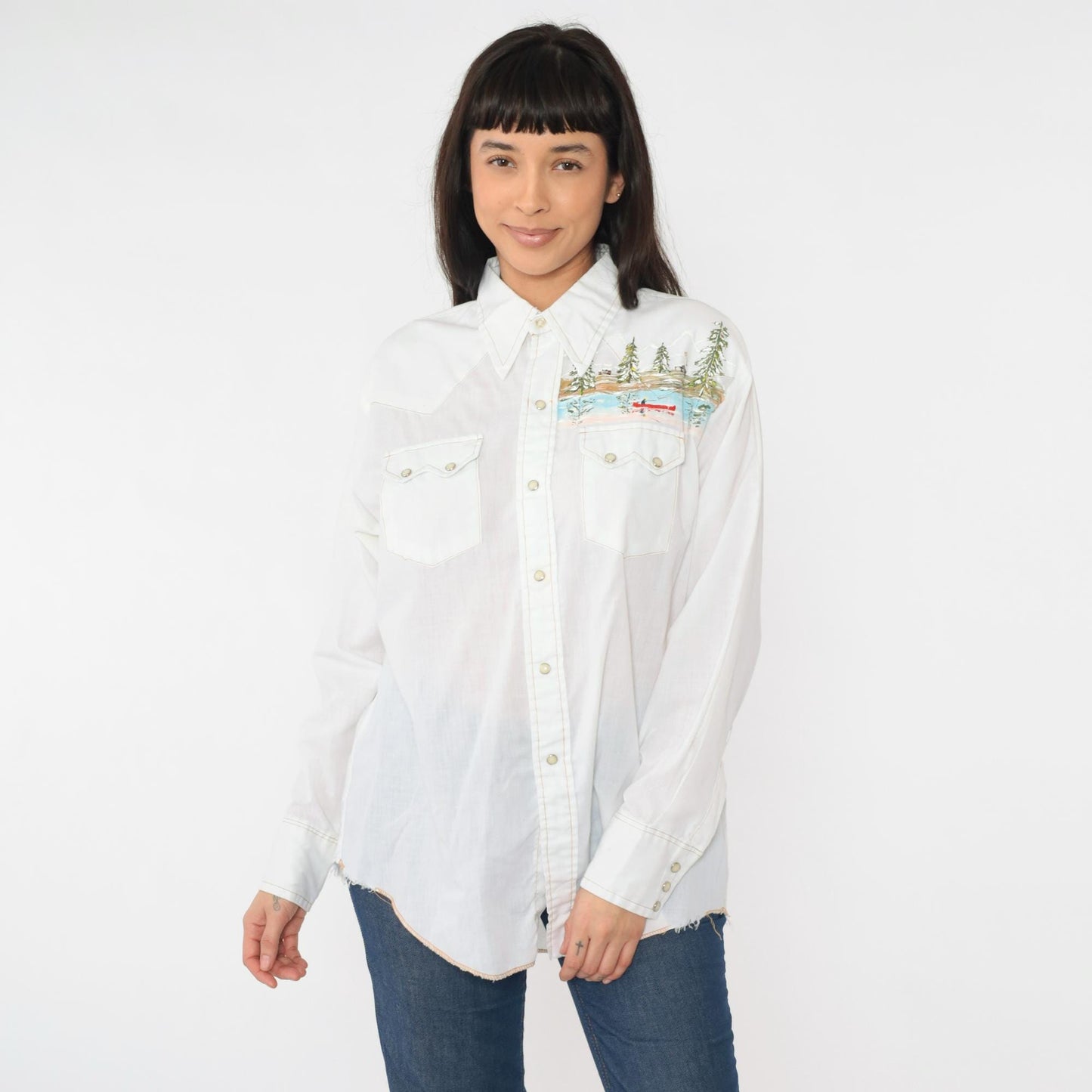 70s Dee-Cee Western Shirt Hand-Painted Fly Fishing Scene Pearl Snap Large L