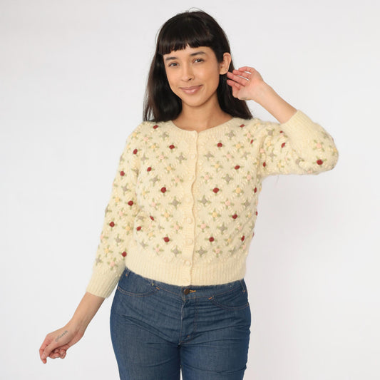 60s Wool Cardigan Cream Floral Embroidery Cropped 3/4 Sleeve Extra Small