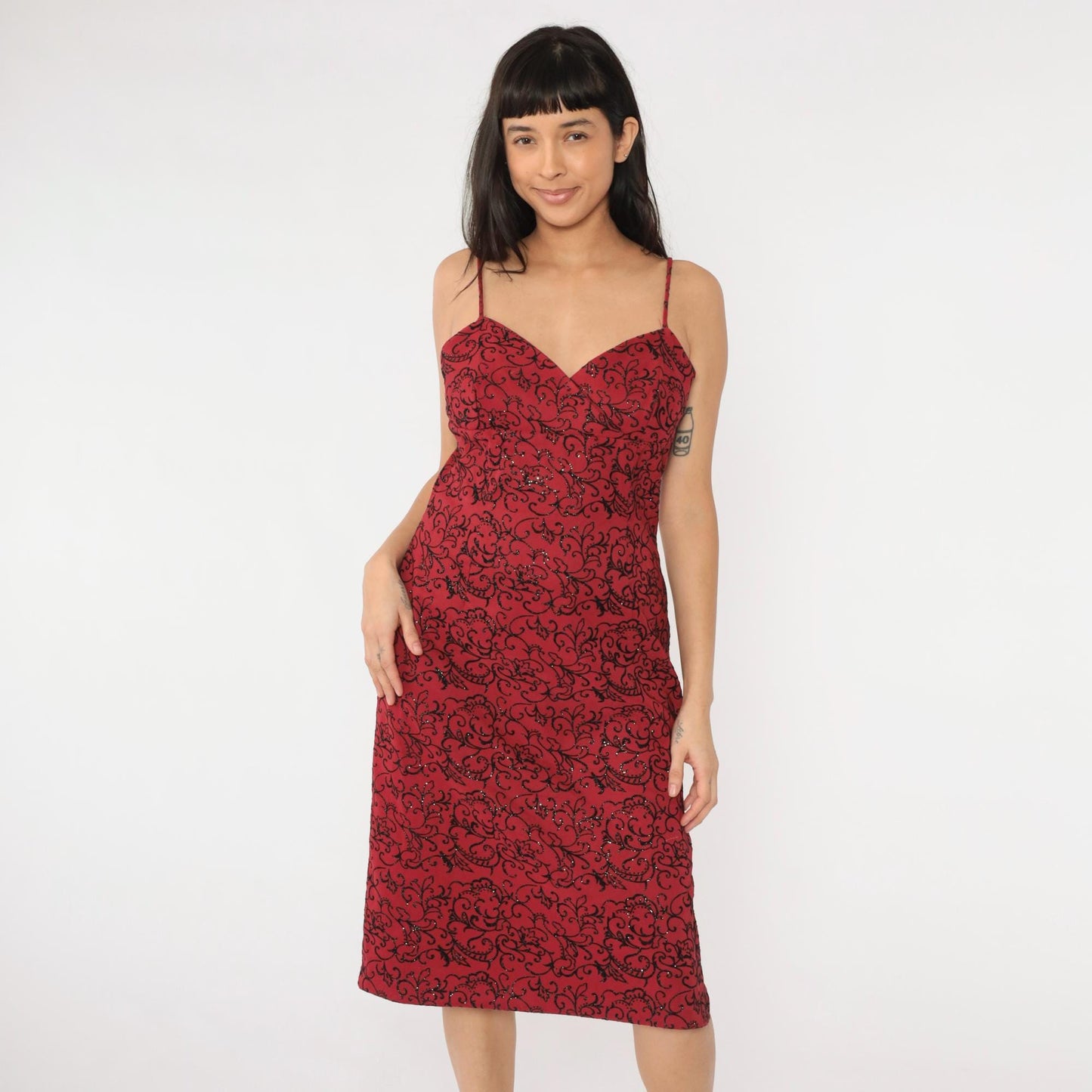 90s La Belle Red Floral Midi Dress Glittery Flocked Empire Waist Medium