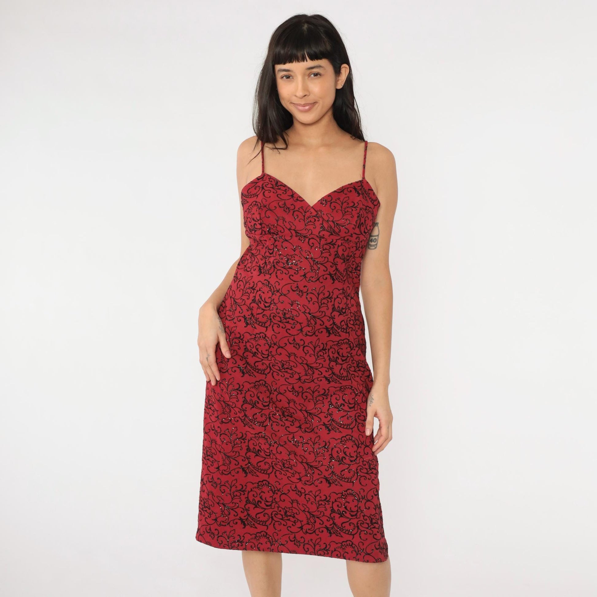 90s La Belle Red Floral Midi Dress Glittery Flocked Empire Waist Medium