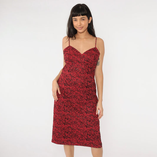 90s La Belle Red Floral Midi Dress Glittery Flocked Empire Waist Medium