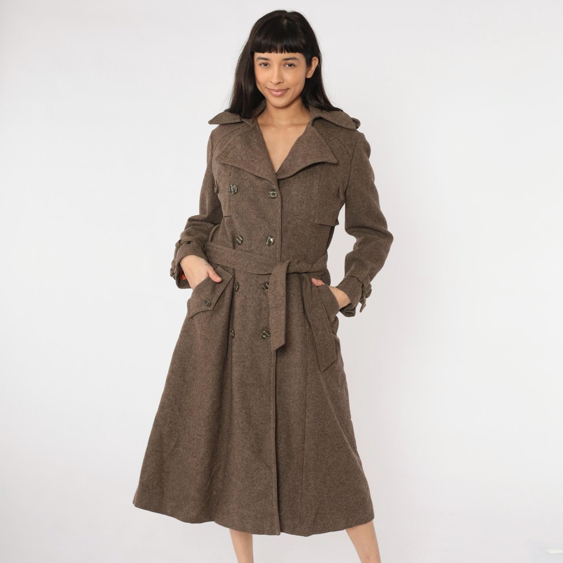1960s Brown Wool Trench Coat Double Breasted Belted Midi Medium M