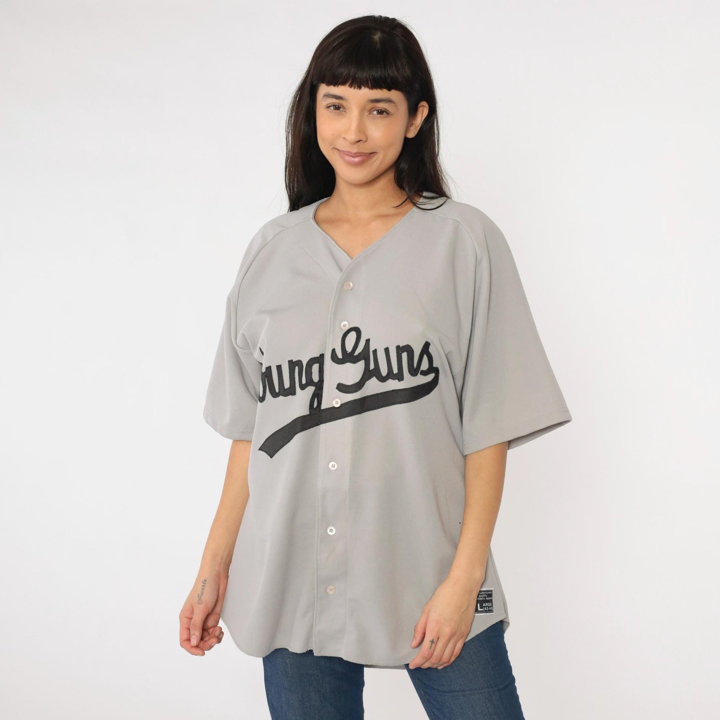 90s Young Guns Baseball Jersey Don Alleson Athletic Grey Button Up Large