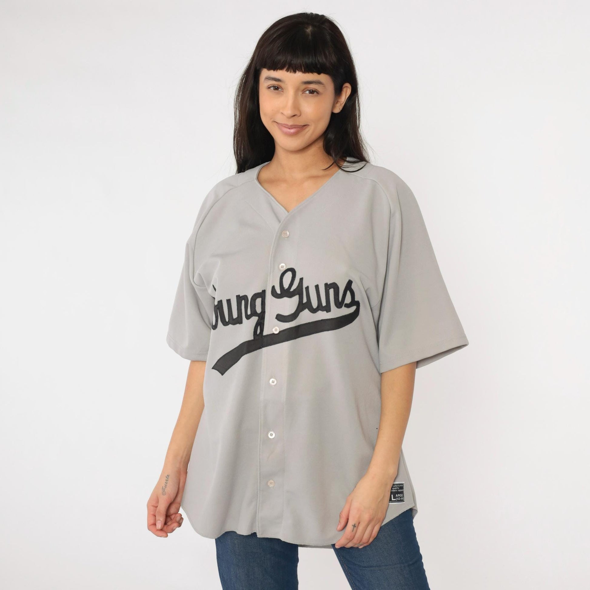 90s Young Guns Baseball Jersey Don Alleson Athletic Grey Button Up Large
