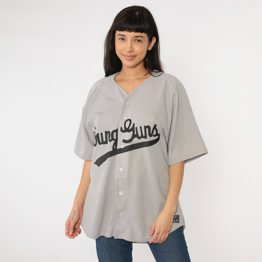 90s Young Guns Baseball Jersey Don Alleson Athletic Grey Button Up Large