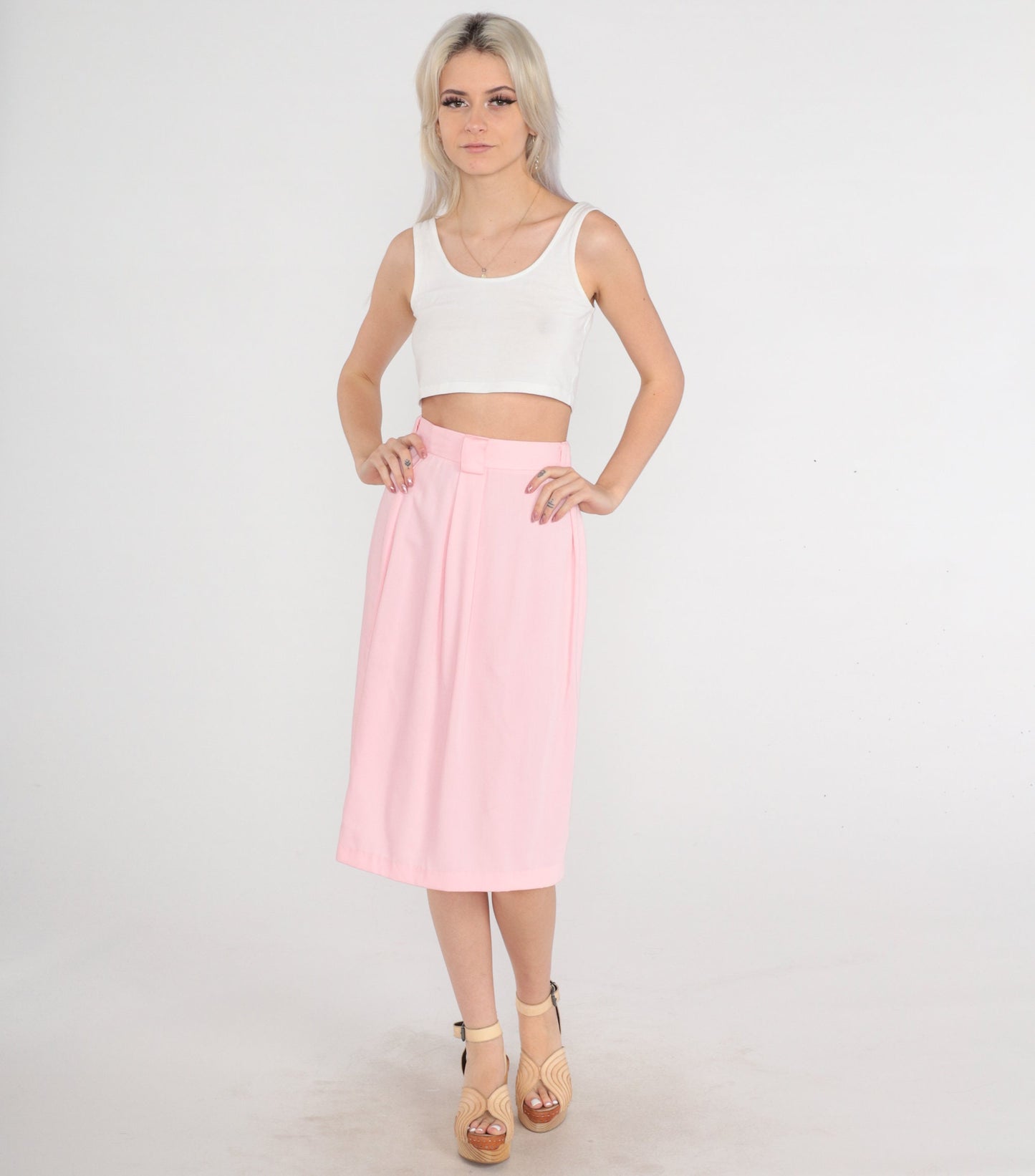 80s Baby Pink Midi Skirt High Waist Straight Cut Extra Small