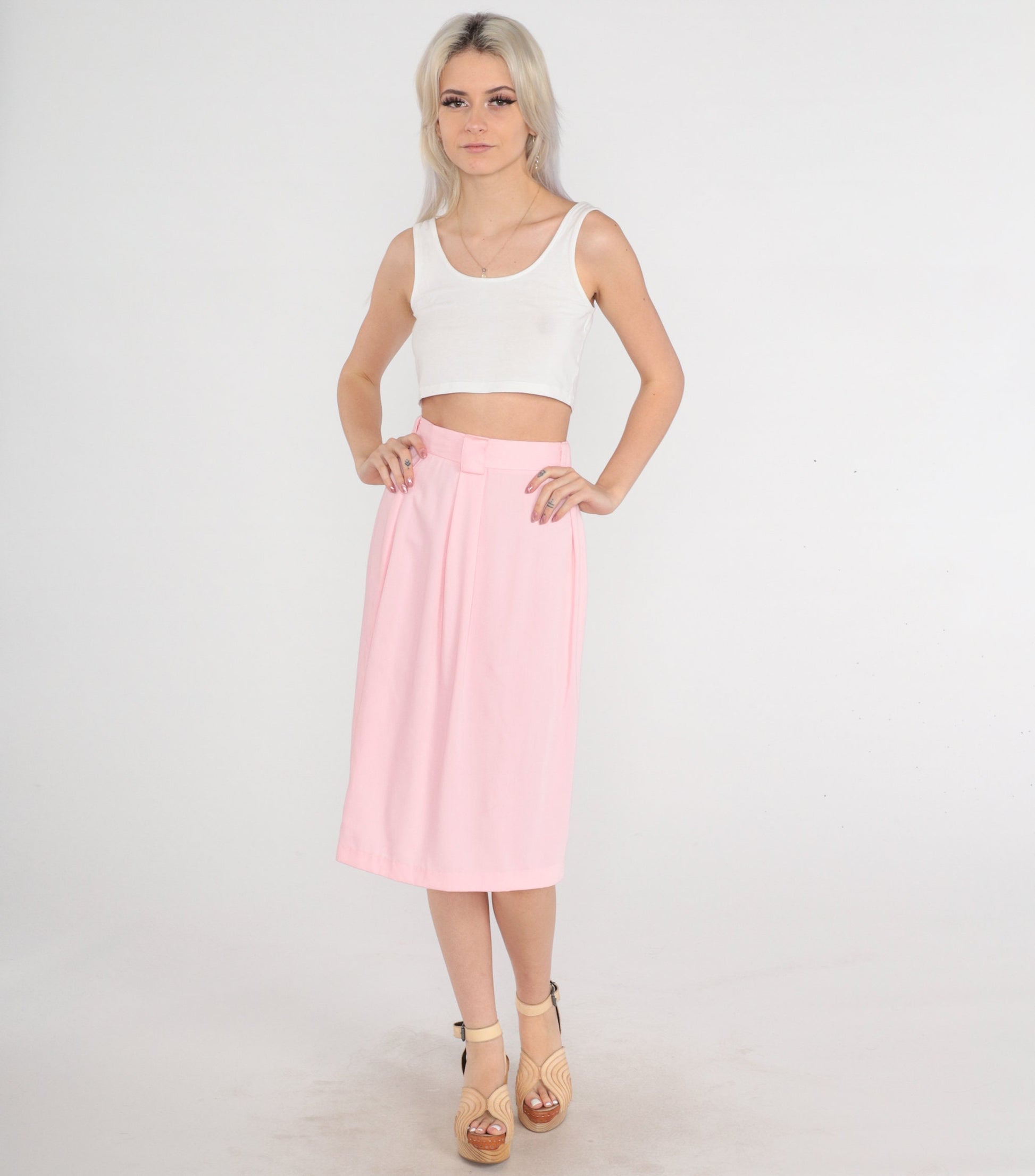 80s Baby Pink Midi Skirt High Waist Straight Cut Extra Small