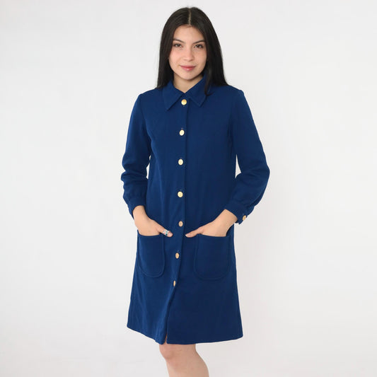70s Mod Navy Mini Shift Dress Pointed Collar Long Sleeve Button Up Small Medium