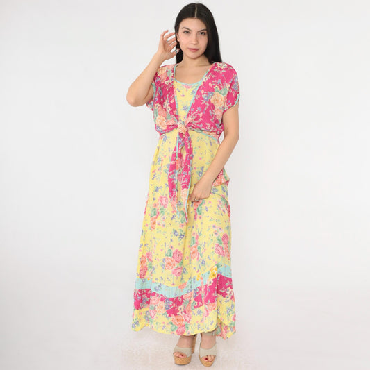 90s Bila Floral Maxi Dress Yellow Pink Rayon Tie Overlay Scoop Neck Large L