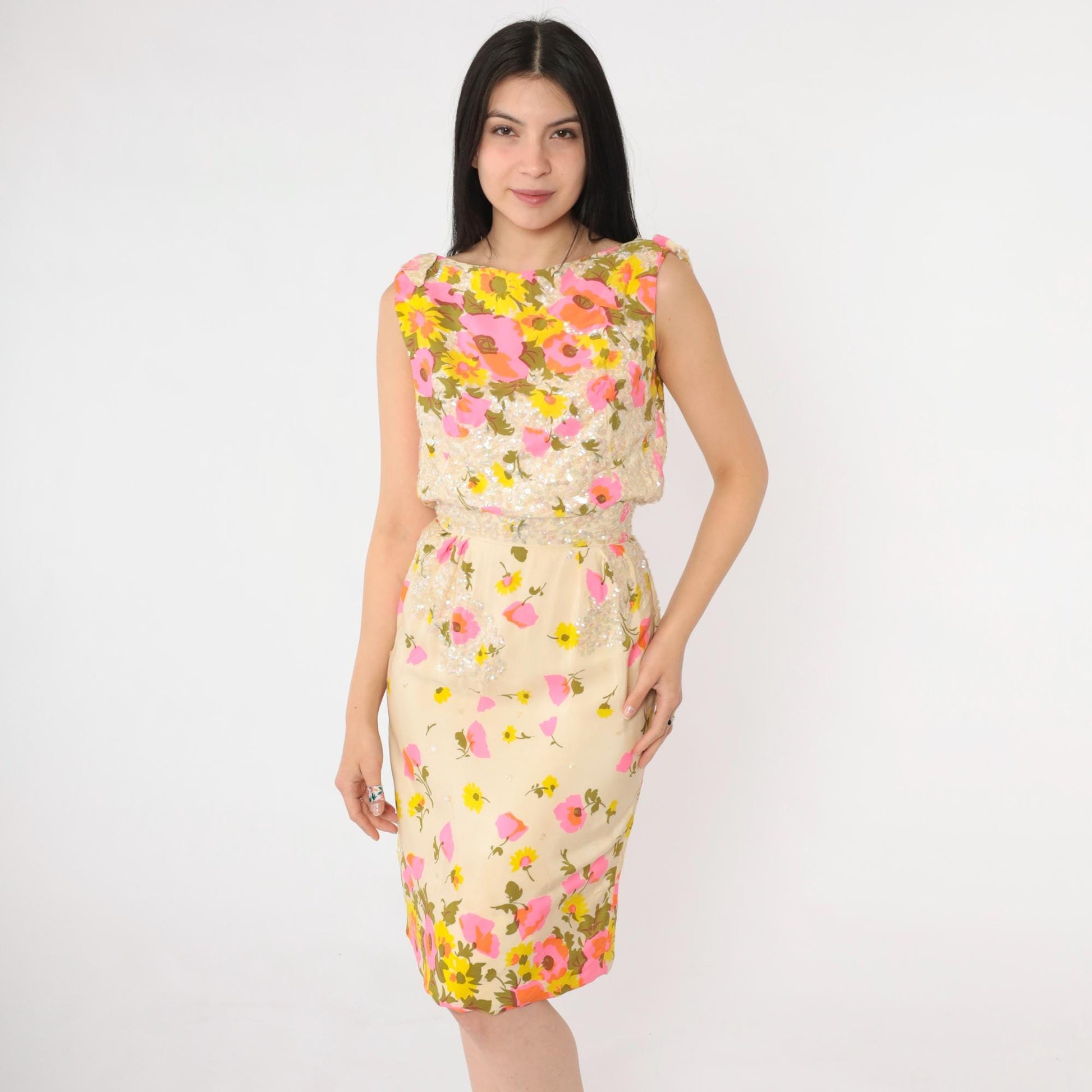 60s Pat Sandler Floral Sequin Cocktail Dress Cream Pink Yellow Extra Small