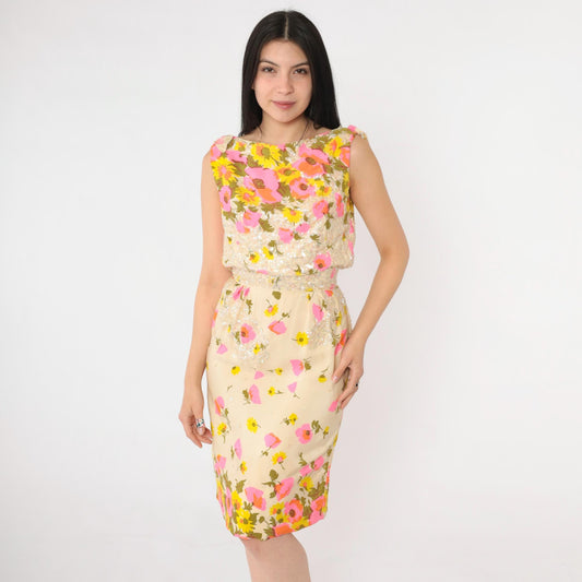 60s Pat Sandler Floral Sequin Cocktail Dress Cream Pink Yellow Extra Small