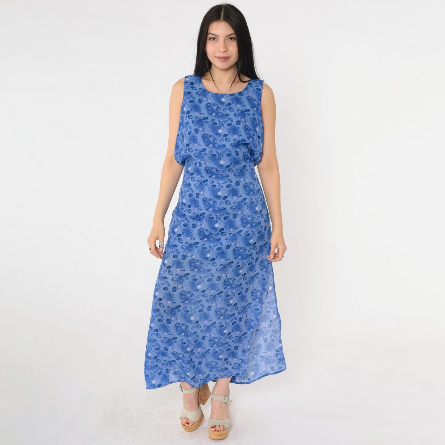 90s Blue Floral Maxi Dress with Matching Shawl Sleeveless Medium