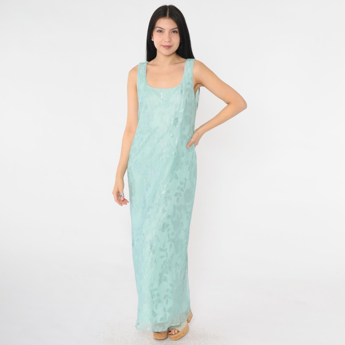 90s Seafoam Net Lace Maxi Dress Floral Embroidered Scoop Neck Small