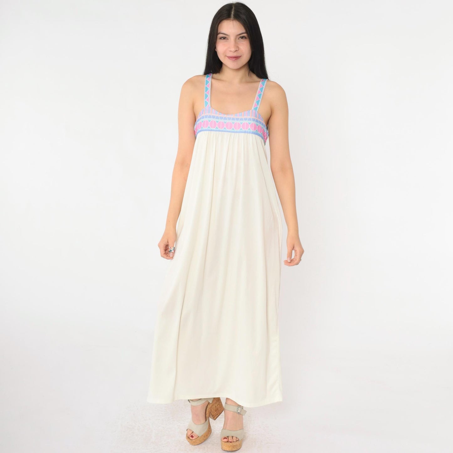 70s Cream Maxi Dress Sleeveless Geometric Trim Sweetheart Neckline Extra Small