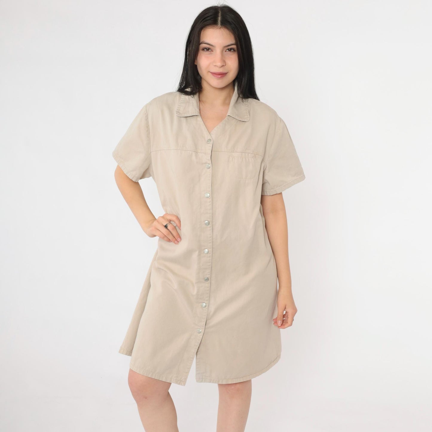 90s Faded Glory Khaki Shirt Dress Cotton Twill Mini Tan XL