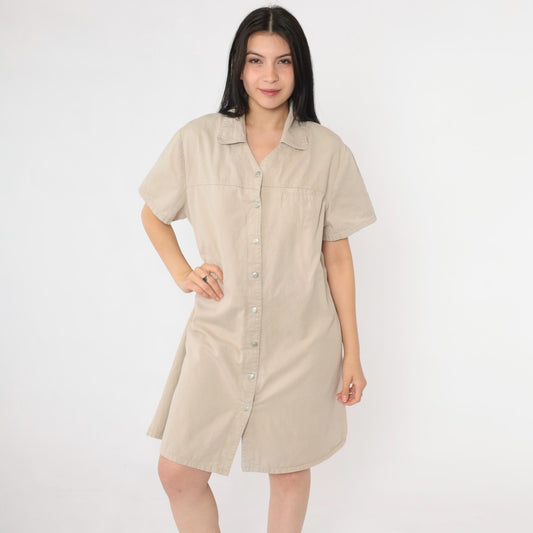 90s Faded Glory Khaki Shirt Dress Cotton Twill Mini Tan XL