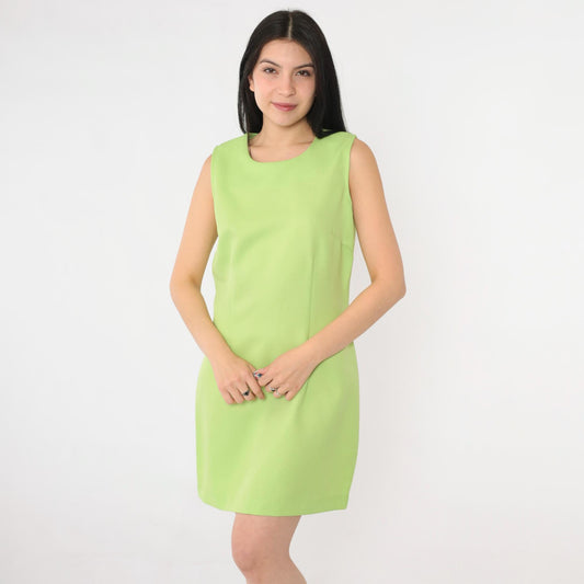 90s Lime Green Sleeveless Mini Dress Sheath Cut Medium 8