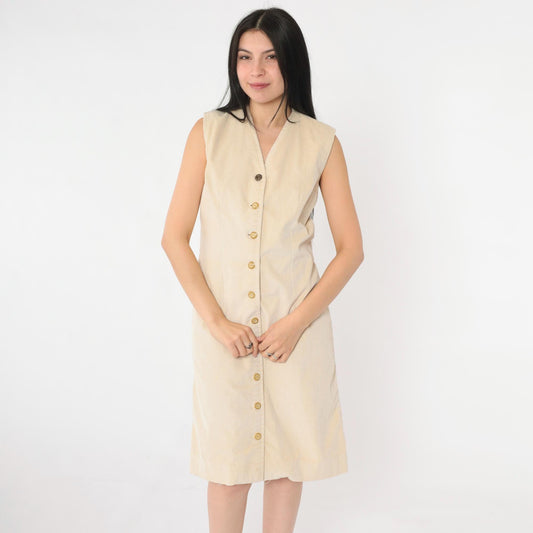 90s Beige Corduroy Button-Up Dress Sleeveless Knee-Length Jumper Small S