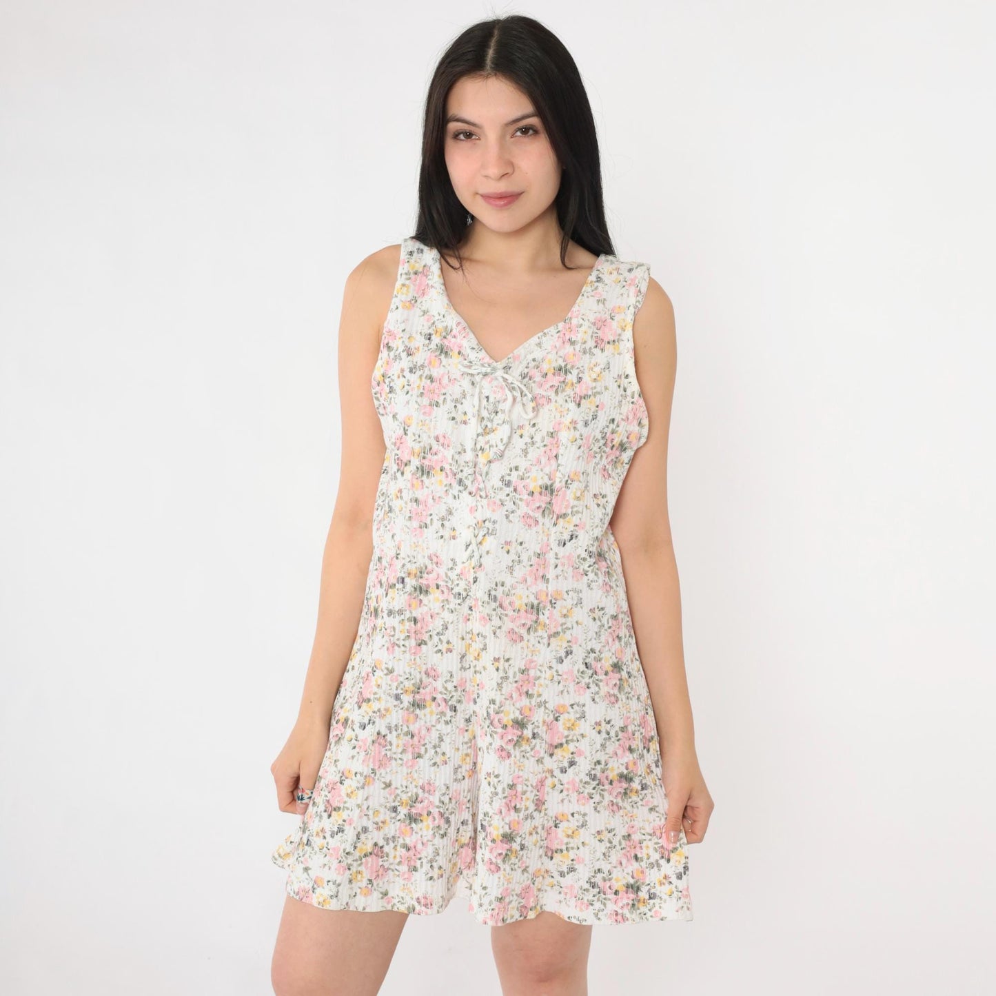 90s Evans Floral Romper White Lace-Up Corset Bodice Wide Leg Medium Large