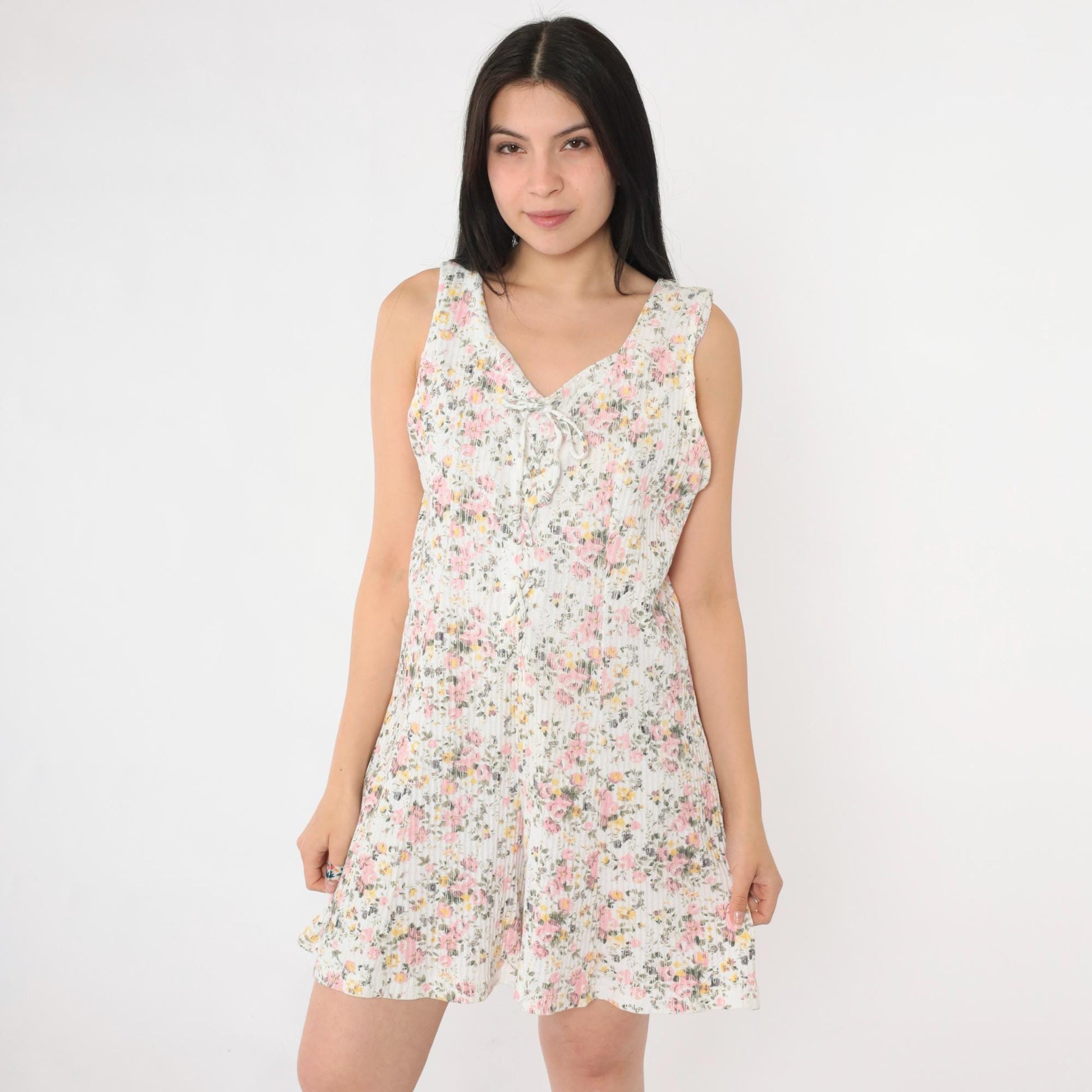 90s Evans Floral Romper White Lace-Up Corset Bodice Wide Leg Medium Large