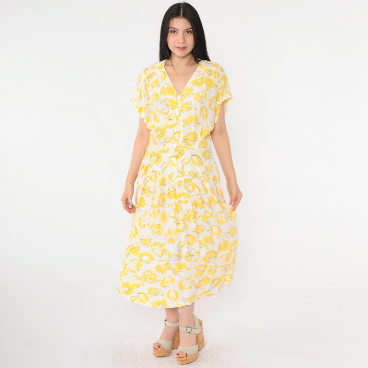 80s E.D. Michaels Yellow Floral Drop Waist Midi Dress V Neck Button Front Small