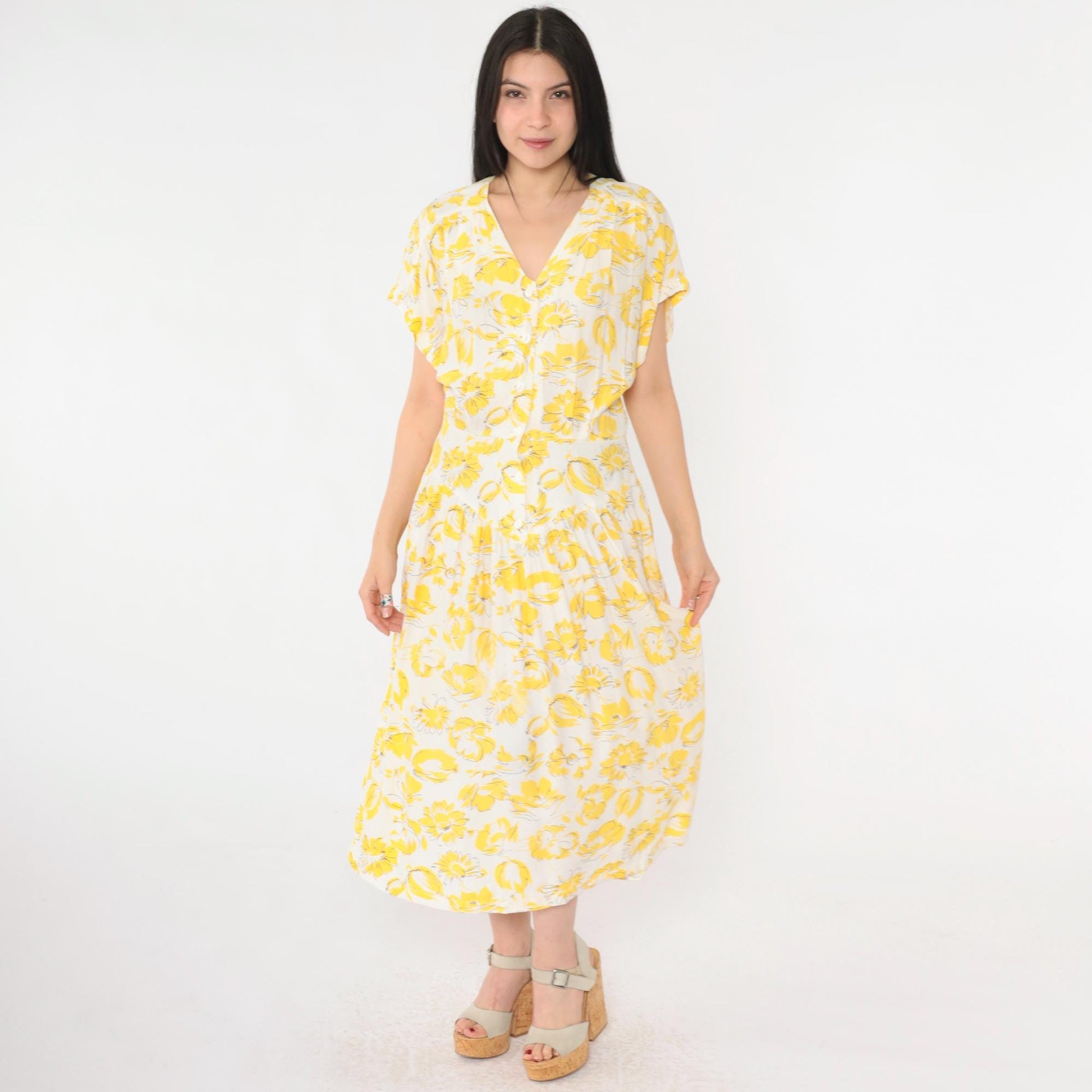 80s E.D. Michaels Yellow Floral Drop Waist Midi Dress V Neck Button Front Small