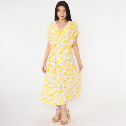 80s E.D. Michaels Yellow Floral Drop Waist Midi Dress V Neck Button Front Small