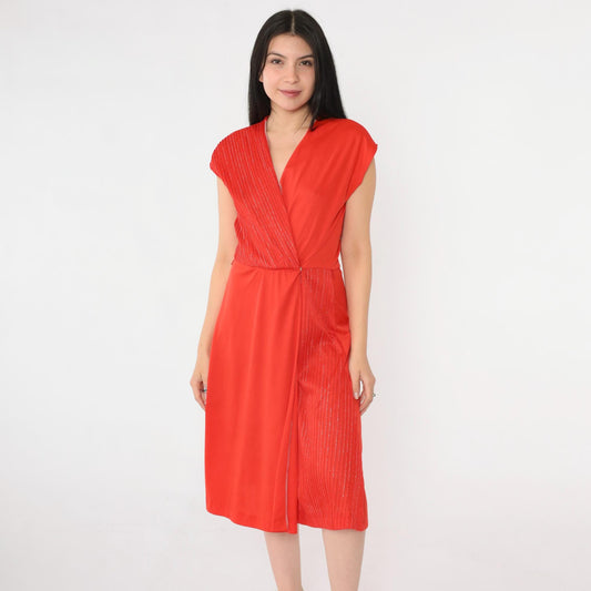 70s Red Metallic Striped Wrap Dress V Neck Midi Cap Sleeve Small