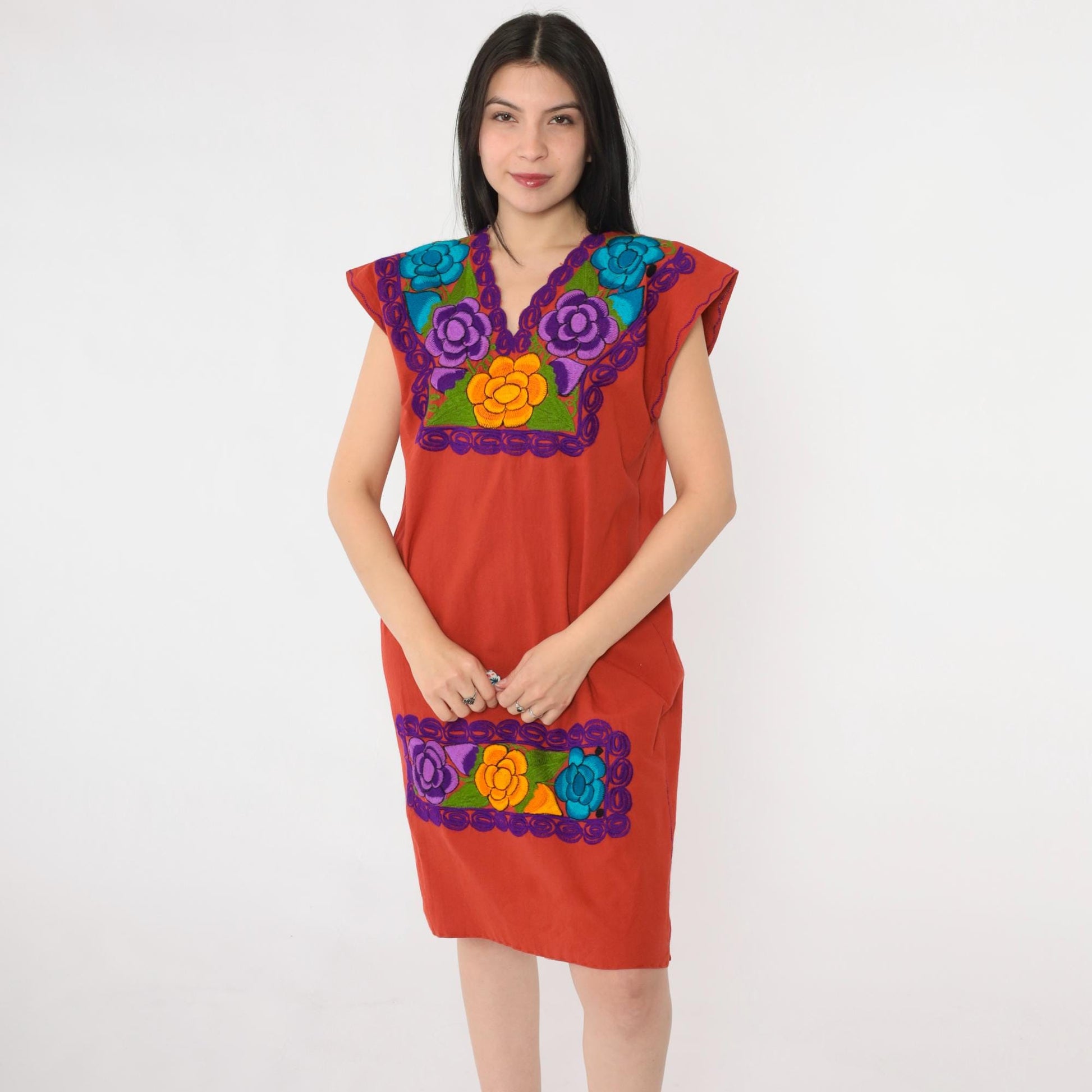 90s Red Mexican Embroidered Midi Dress Floral Tunic Cap Sleeve Medium