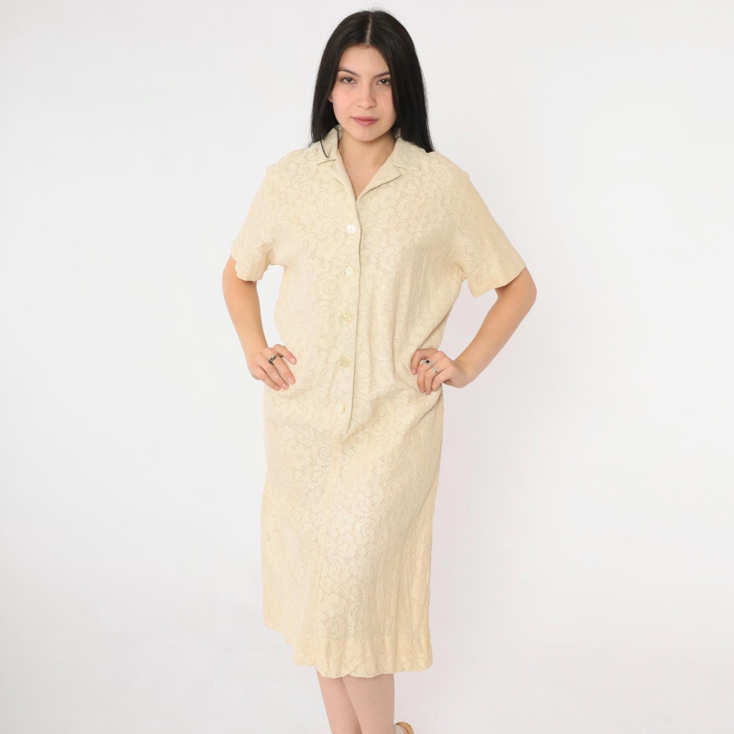 60s Cream Lace Shift Dress Button Front Knee Length Short Sleeve Medium M