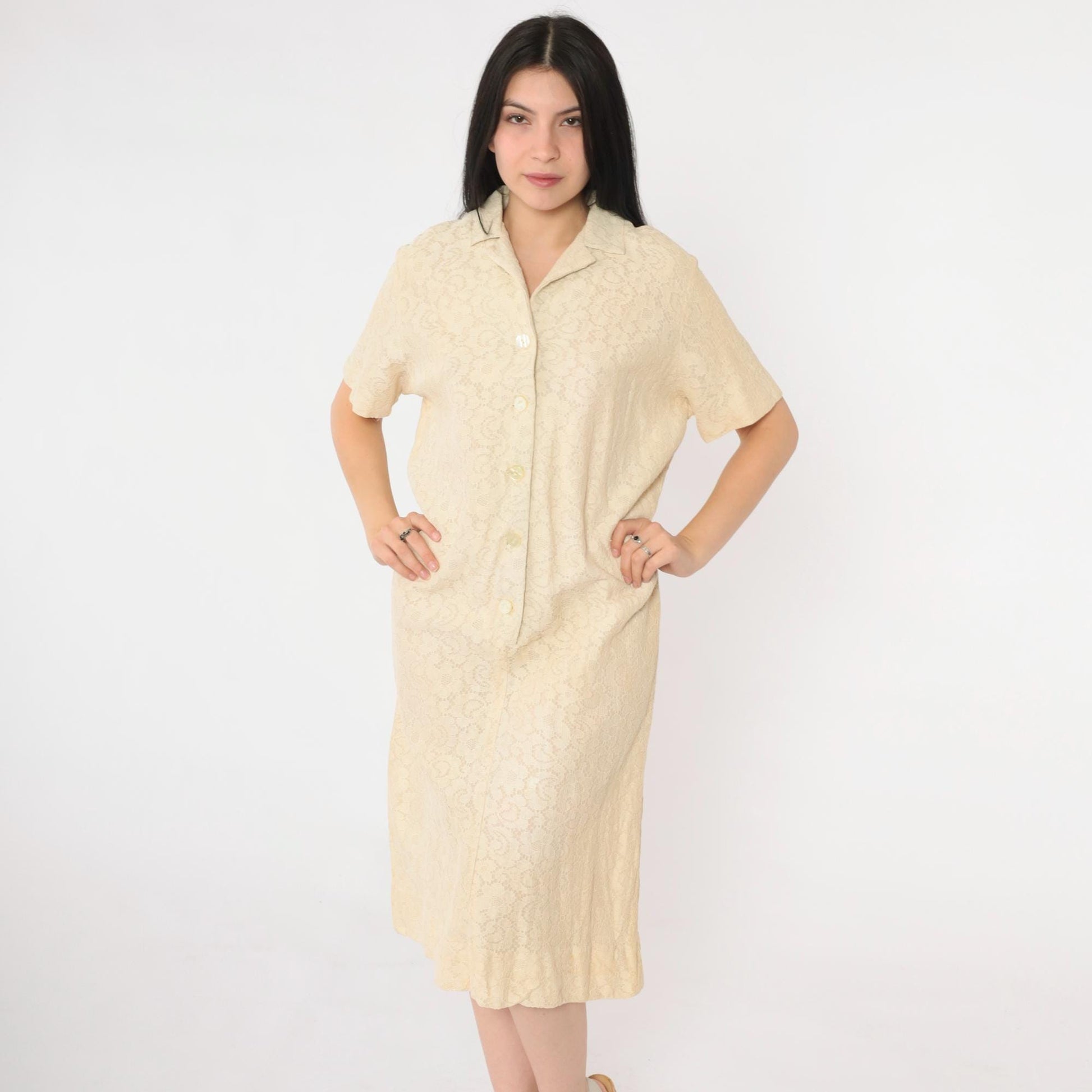 60s Cream Lace Shift Dress Button Front Knee Length Short Sleeve Medium M