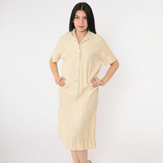 60s Cream Lace Shift Dress Button Front Knee Length Short Sleeve Medium M