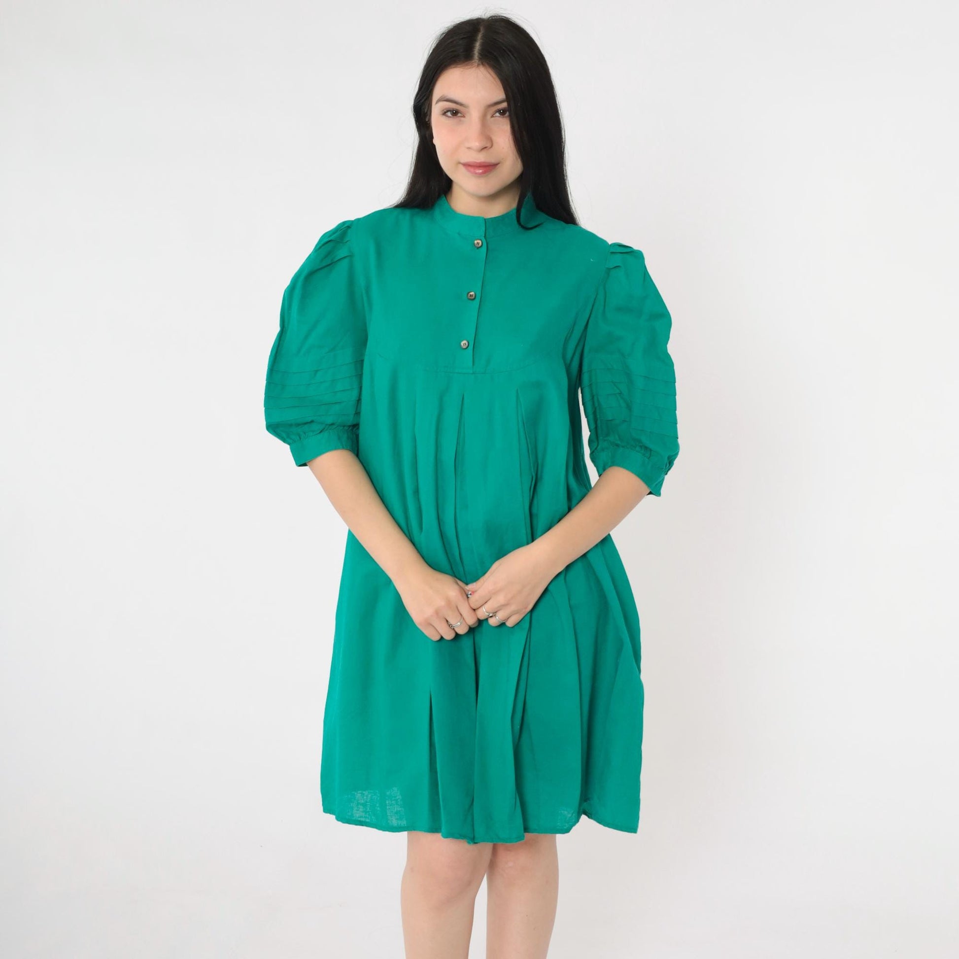 80s Jordache Green Puff Sleeve Mini Dress Pleated Tent Cut Button Bib Medium