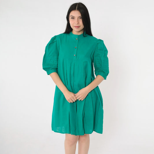 80s Jordache Green Puff Sleeve Mini Dress Pleated Tent Cut Button Bib Medium