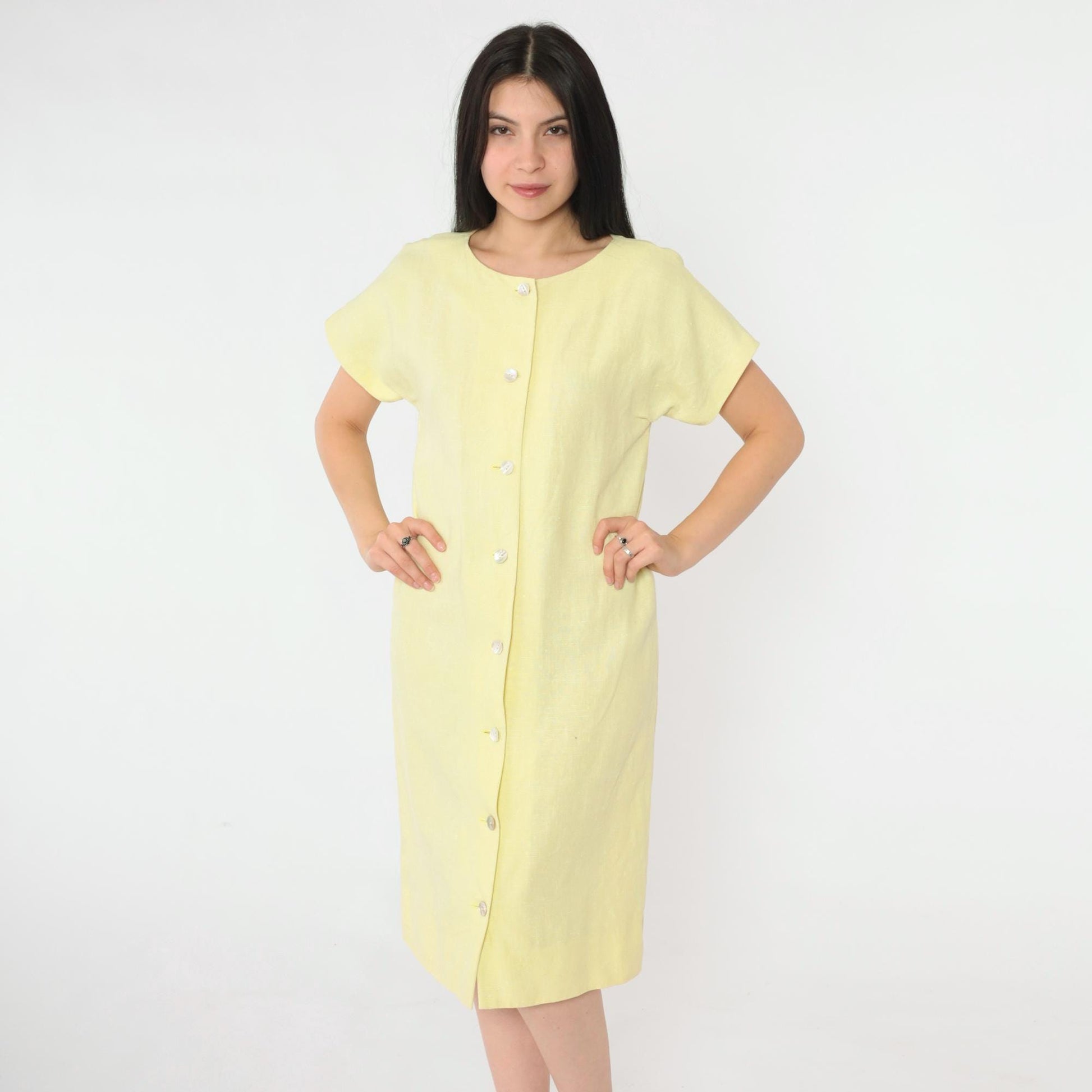 90s Yellow Linen-Look Button-Up Shift Dress Short Sleeve Small S