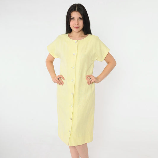 90s Yellow Linen-Look Button-Up Shift Dress Short Sleeve Small S