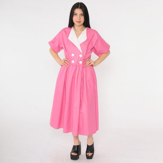 80s Pink Poplin Midi Dress White Lapel Double Breasted Elastic Waist Small