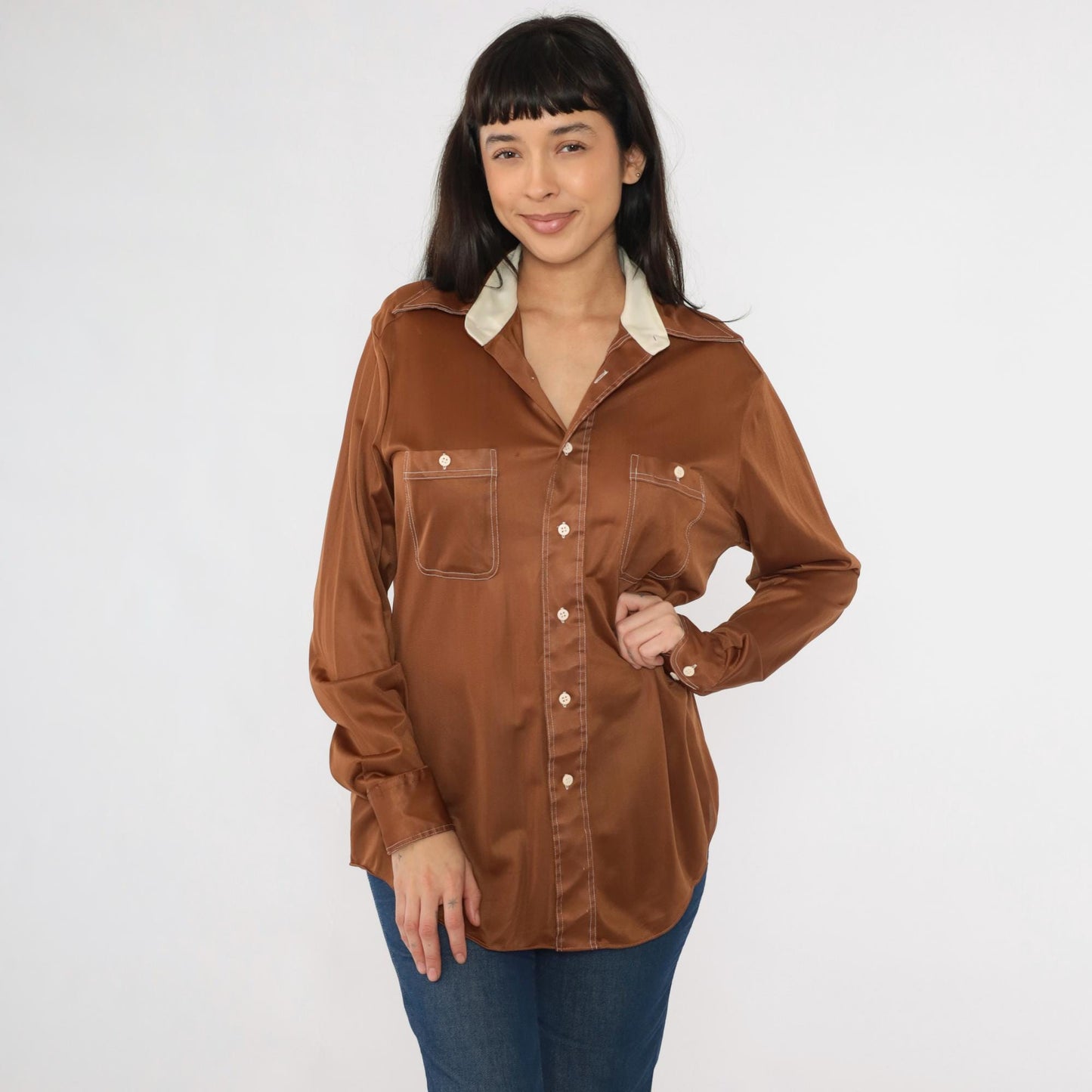 70s Mohawk Brown Dagger Collar Shirt Topstitch Long Sleeve Large