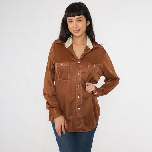 70s Mohawk Brown Dagger Collar Shirt Topstitch Long Sleeve Large