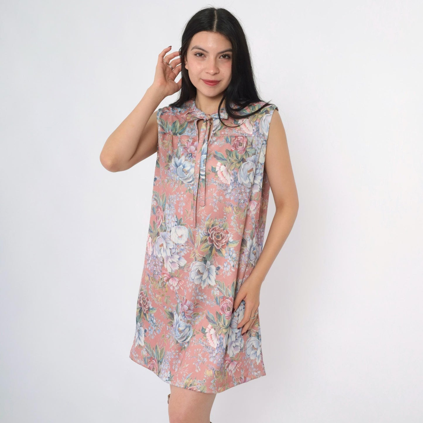 70s Mod Floral Shift Dress Dusty Pink Keyhole Tie Neck Sleeveless Mini Large L
