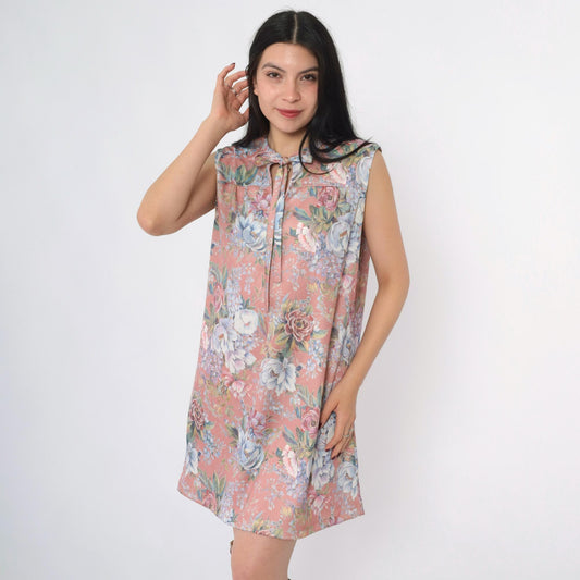 70s Mod Floral Shift Dress Dusty Pink Keyhole Tie Neck Sleeveless Mini Large L