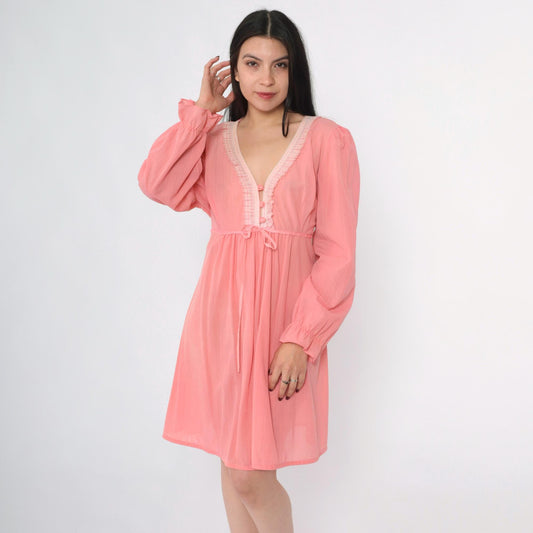 70s Pink Babydoll Dress Puff Sleeve Empire Waist Mini Sheer Ruffle Trim Large