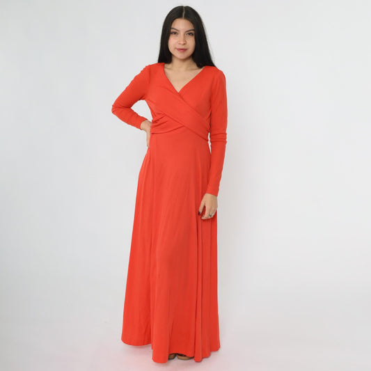 70s Grecian Maxi Dress Red-Orange Wrap Front V-Neck Long Sleeve Medium